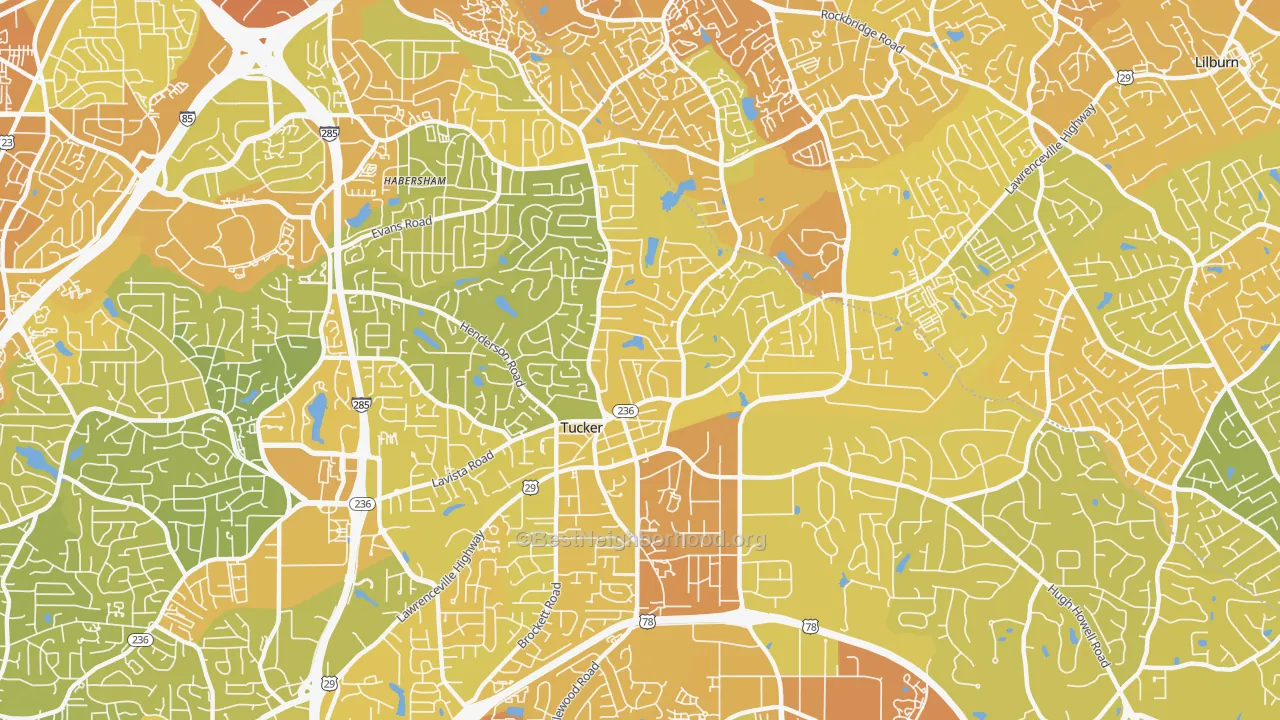 Map of the best neighborhoods in the Tucker area, with better matches in green and worse matches in red