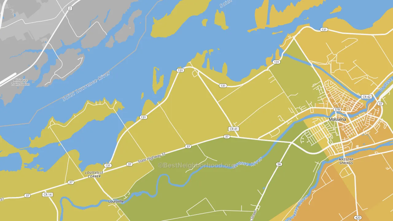 Map of the best neighborhoods in the Tucker Terrace area, with better matches in green and worse matches in red
