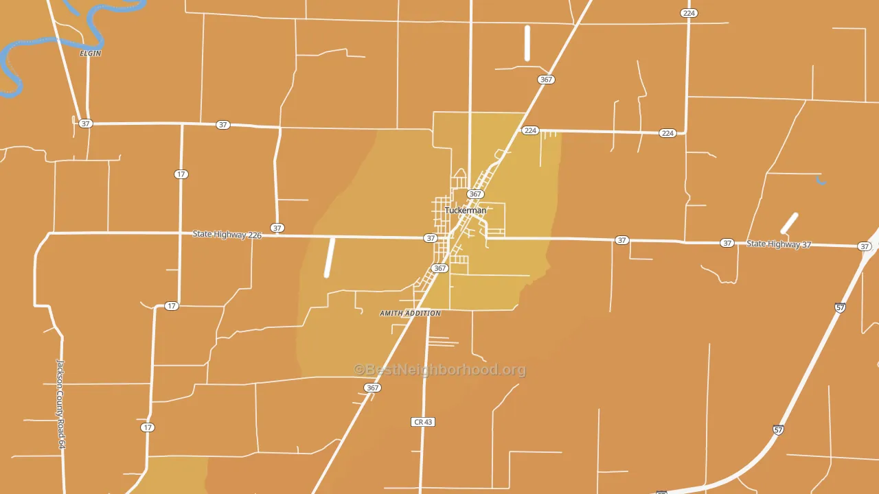 Map of the best neighborhoods in the Tuckerman area, with better matches in green and worse matches in red
