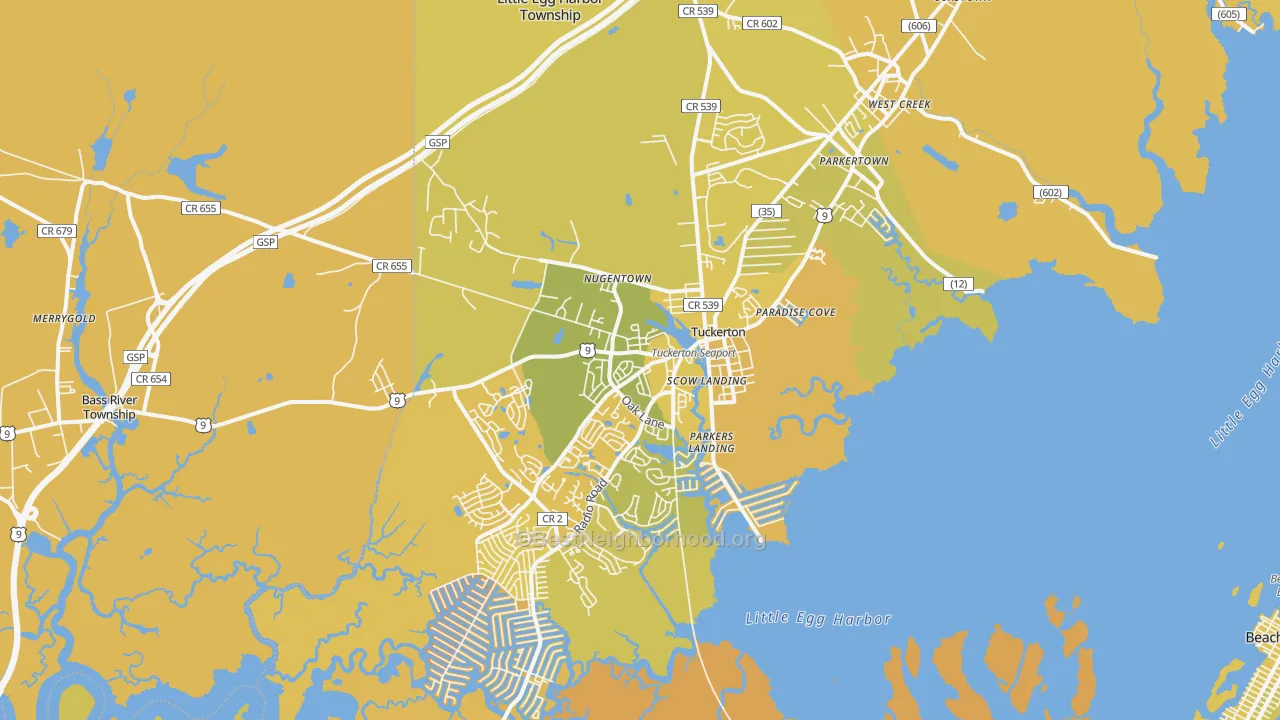 Map of the best neighborhoods in the Tuckerton area, with better matches in green and worse matches in red
