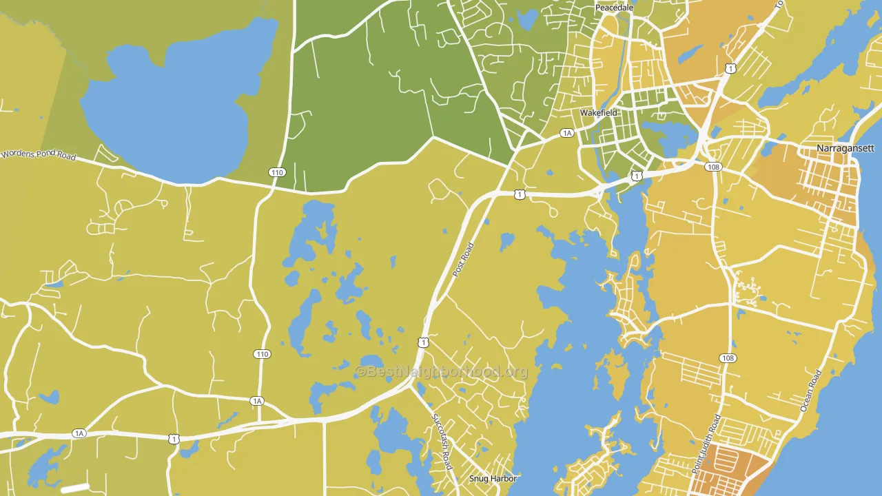 Map of the best neighborhoods in the Tuckertown area, with better matches in green and worse matches in red