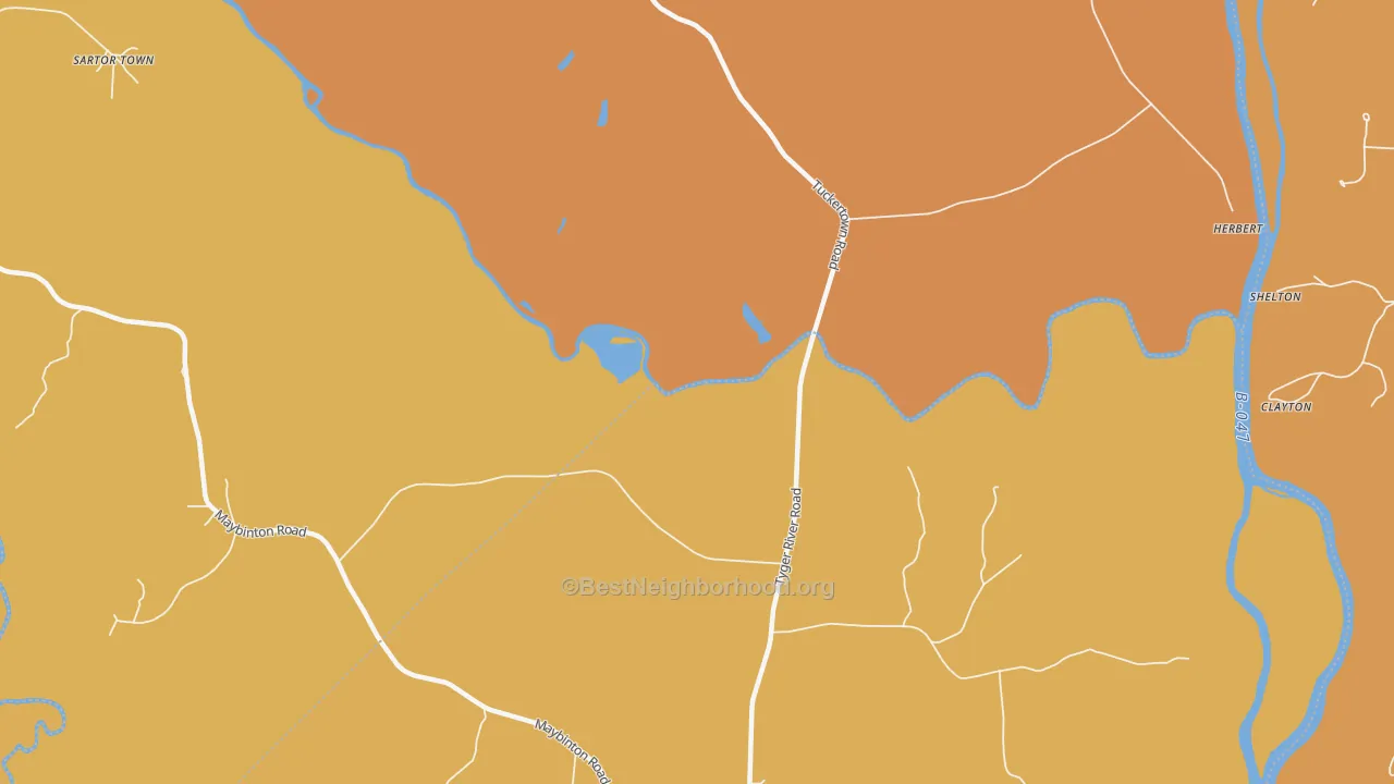 Map of the best neighborhoods in the Tuckertown area, with better matches in green and worse matches in red