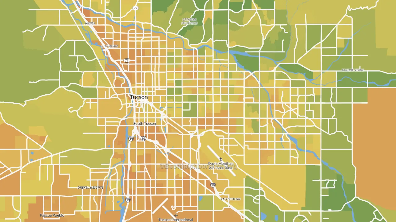 Map of the best neighborhoods in the Tucson Metro area, with better matches in green and worse matches in red