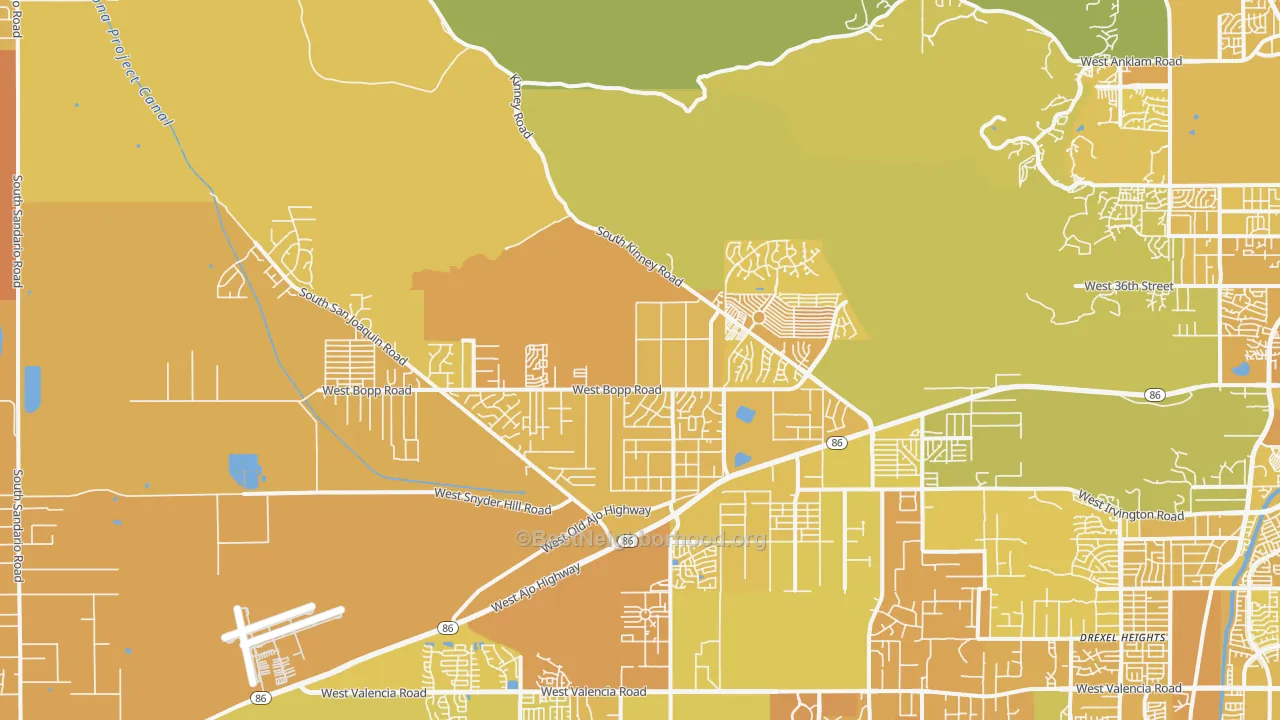 Map of the best neighborhoods in the Tucson Estates area, with better matches in green and worse matches in red