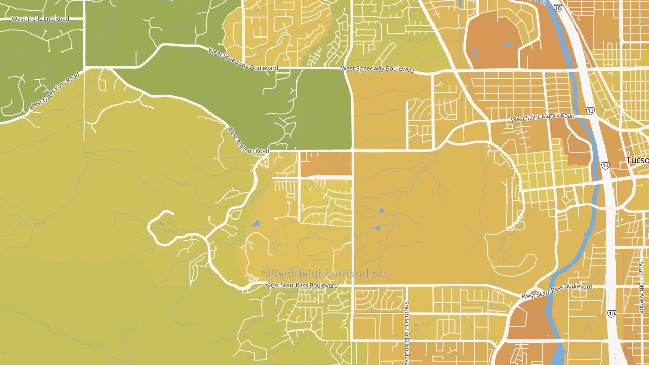 Map of the best neighborhoods in the Tucson Park West, Tucson area, with better matches in green and worse matches in red