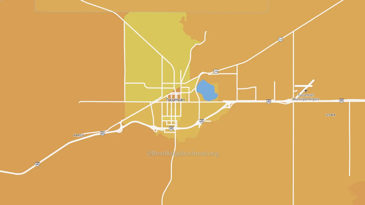 Map of the best neighborhoods in the Tucumcari area, with better matches in green and worse matches in red