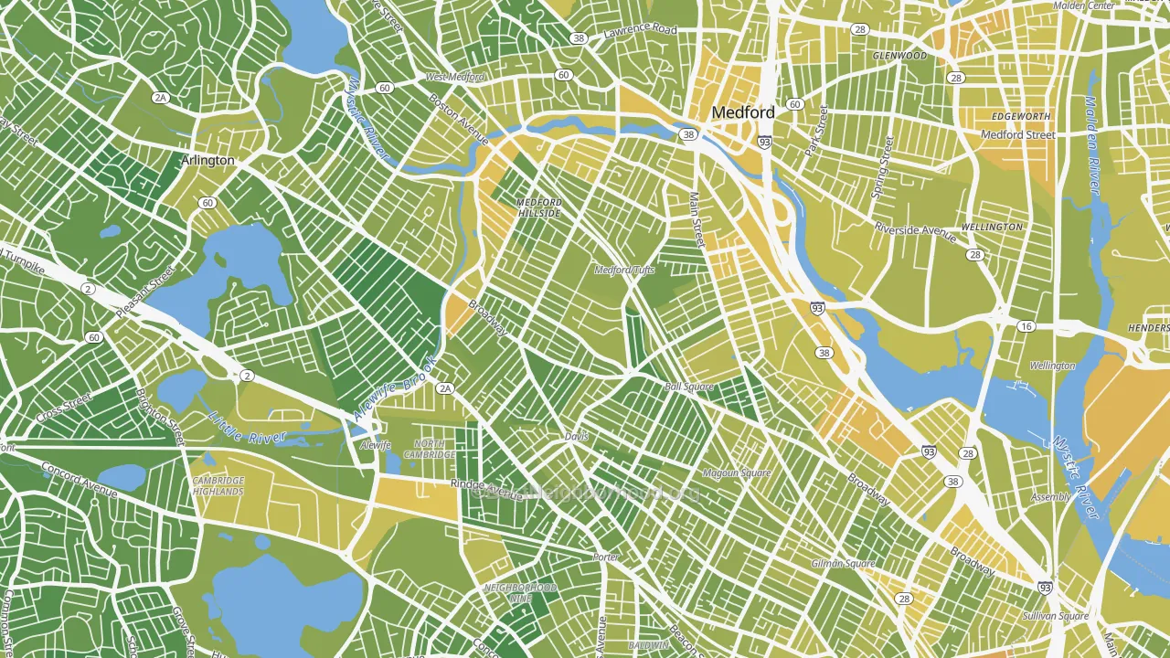 Map of the best neighborhoods in the Tufts, Somerville area, with better matches in green and worse matches in red