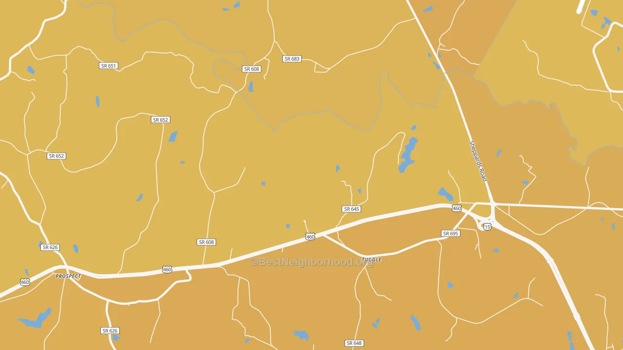 Map of the best neighborhoods in the Tuggle area, with better matches in green and worse matches in red
