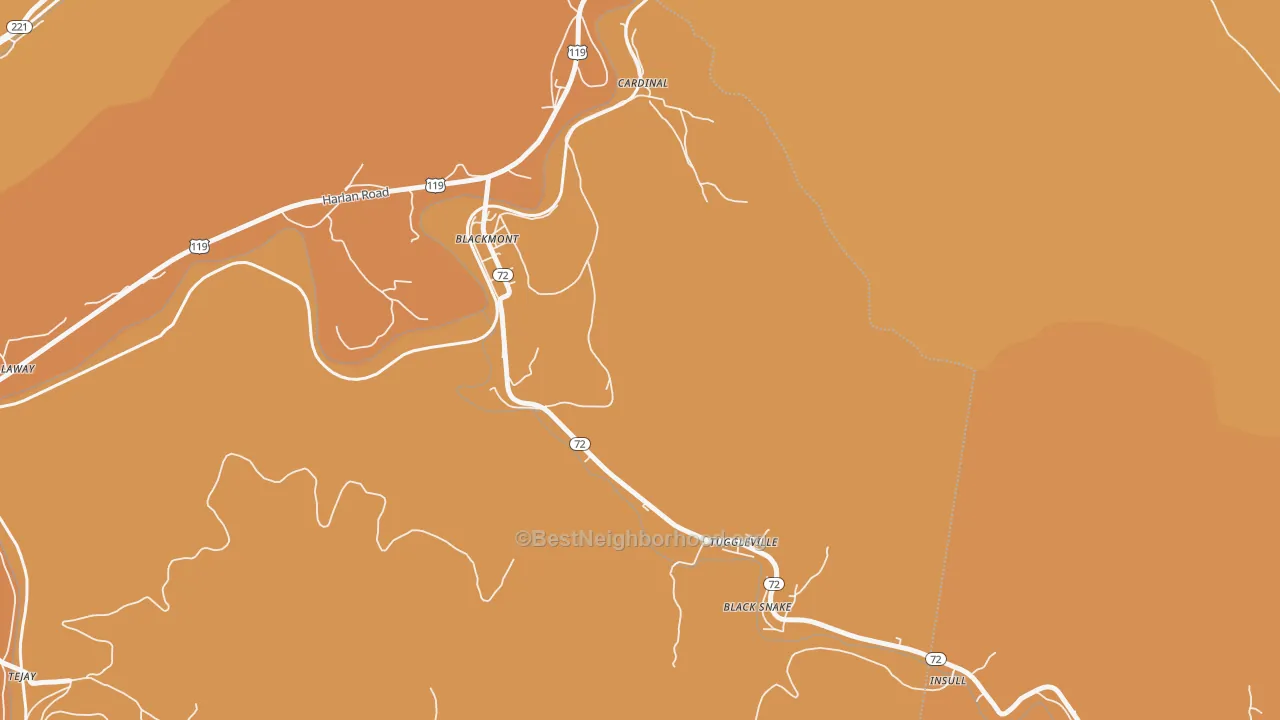Map of the best neighborhoods in the Tuggleville area, with better matches in green and worse matches in red