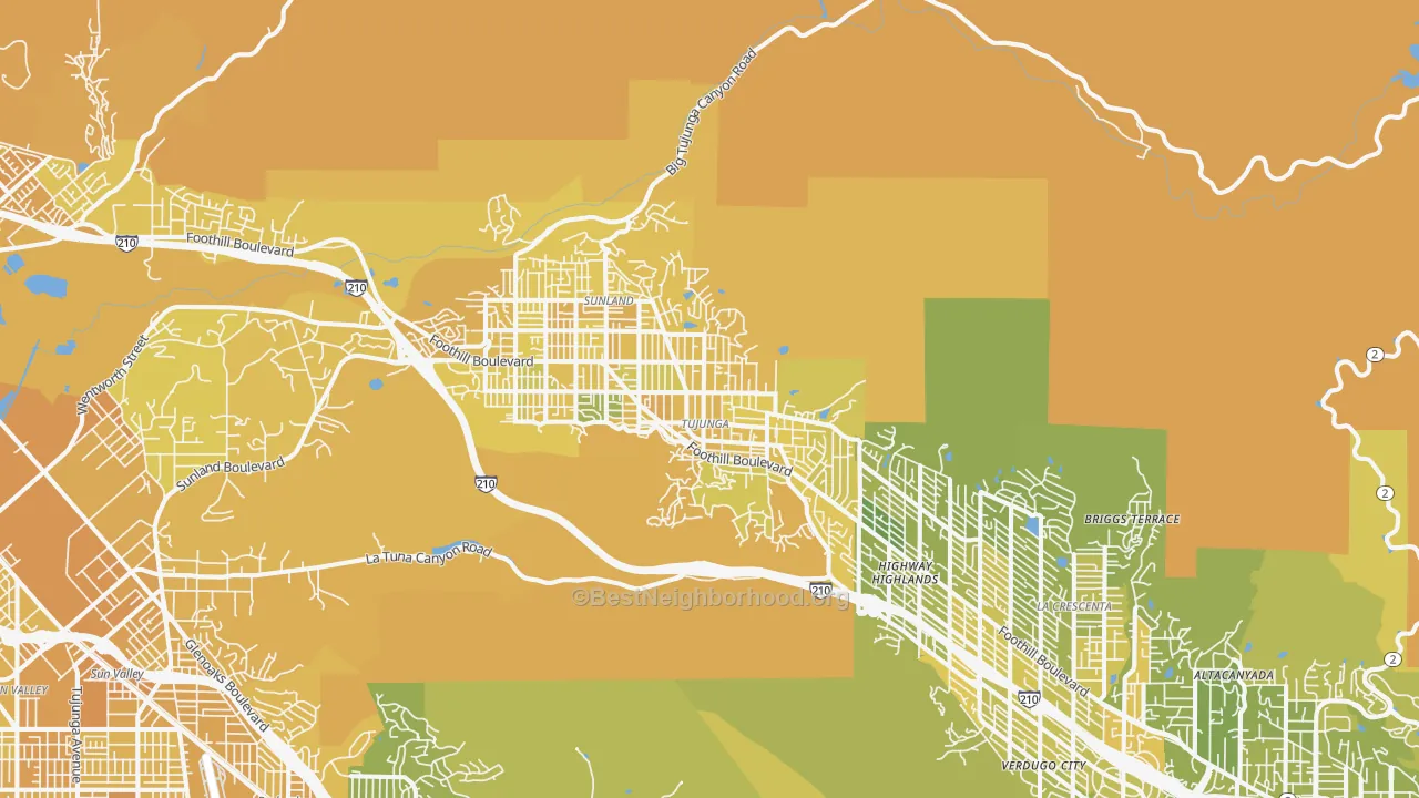 Map of the best neighborhoods in the Tujunga area, with better matches in green and worse matches in red