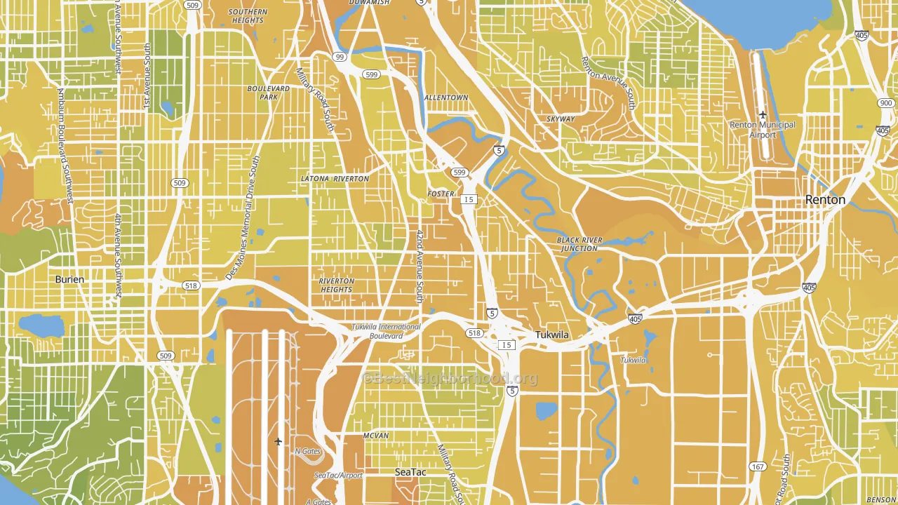 Map of the best neighborhoods in the Tukwila area, with better matches in green and worse matches in red