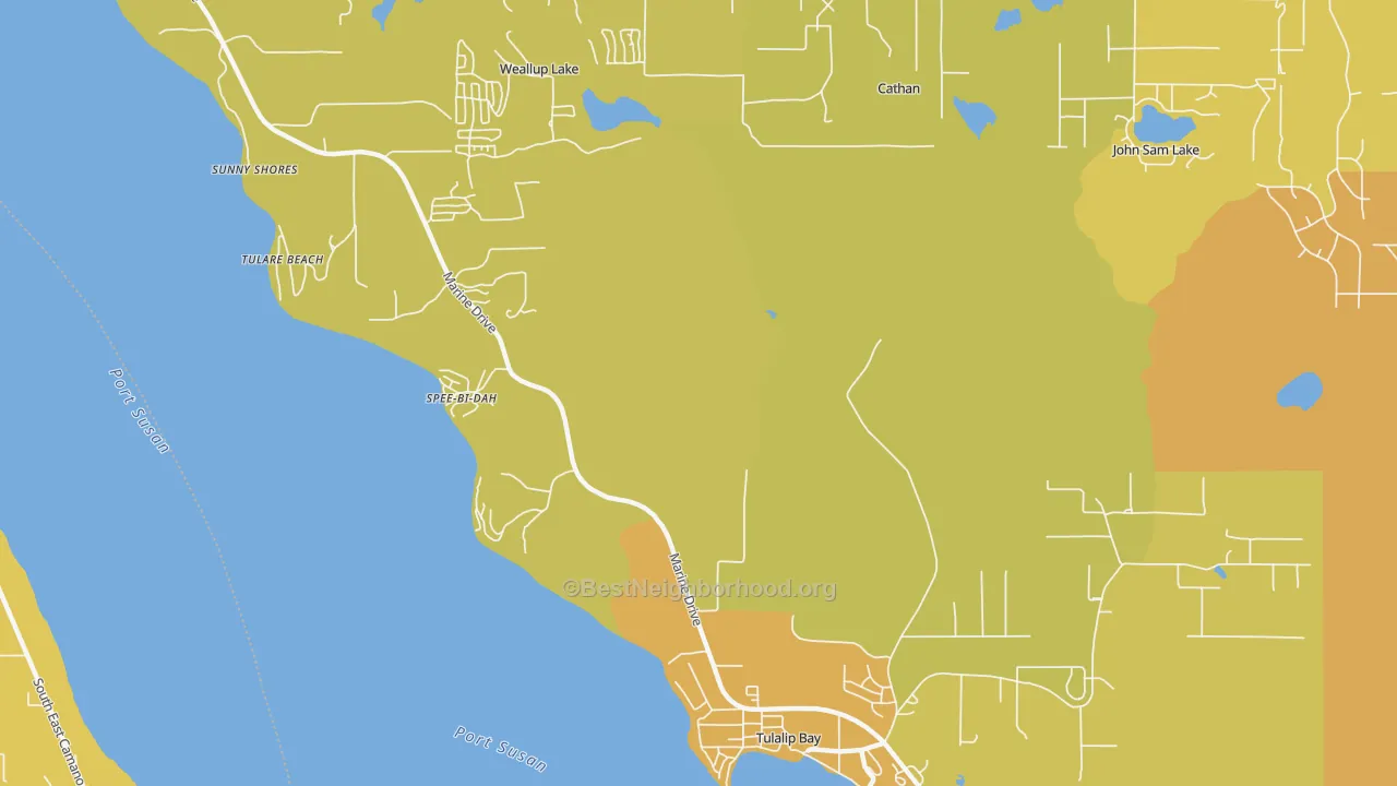 Map of the best neighborhoods in the Tulalip area, with better matches in green and worse matches in red