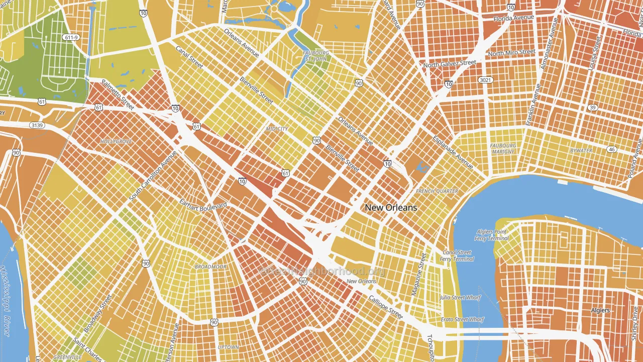 Map of the best neighborhoods in the Tulane Gravier, New Orleans area, with better matches in green and worse matches in red