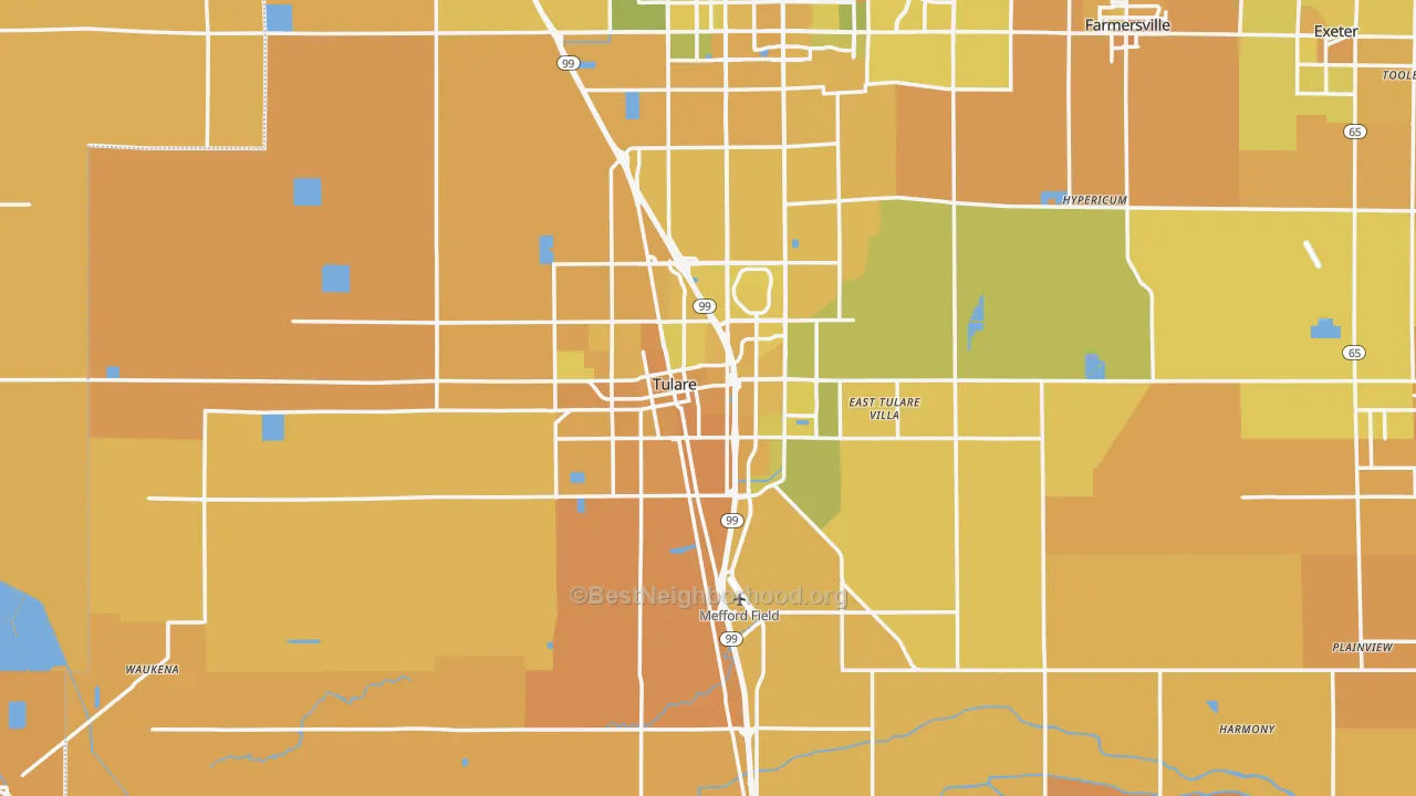 Map of the best neighborhoods in the Tulare area, with better matches in green and worse matches in red