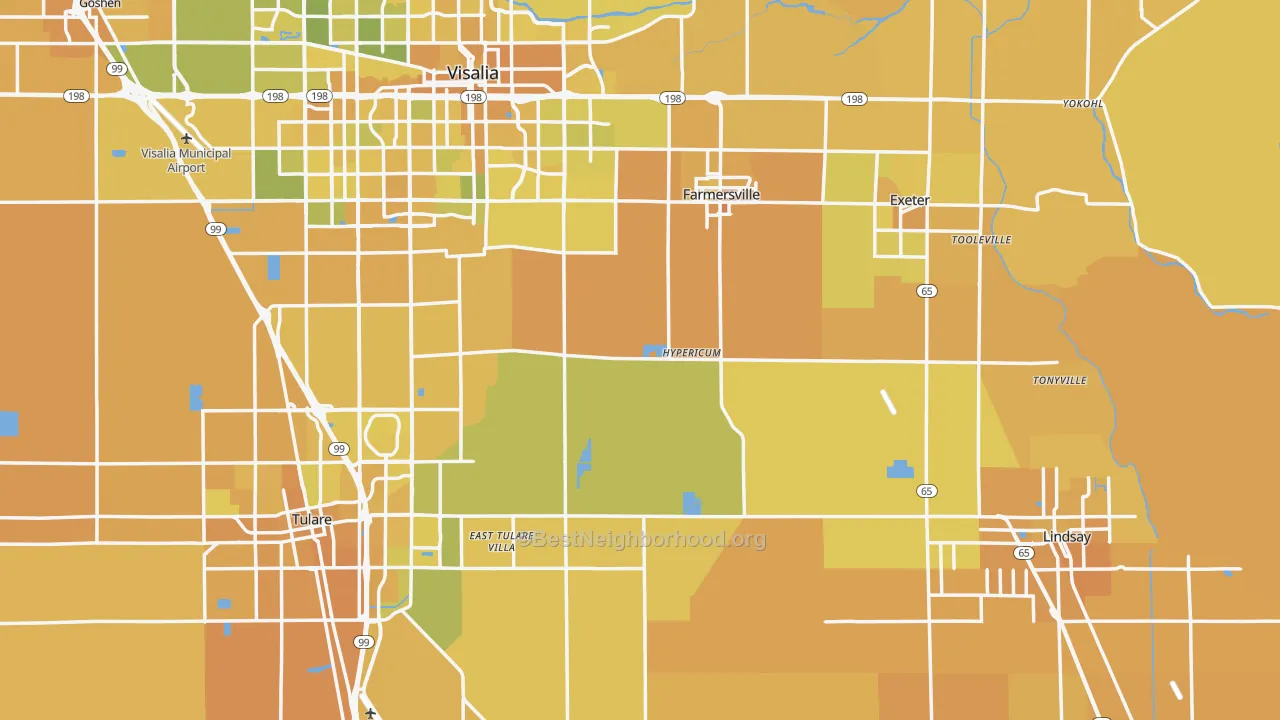 Map of the best neighborhoods in the Tulare County area, with better matches in green and worse matches in red