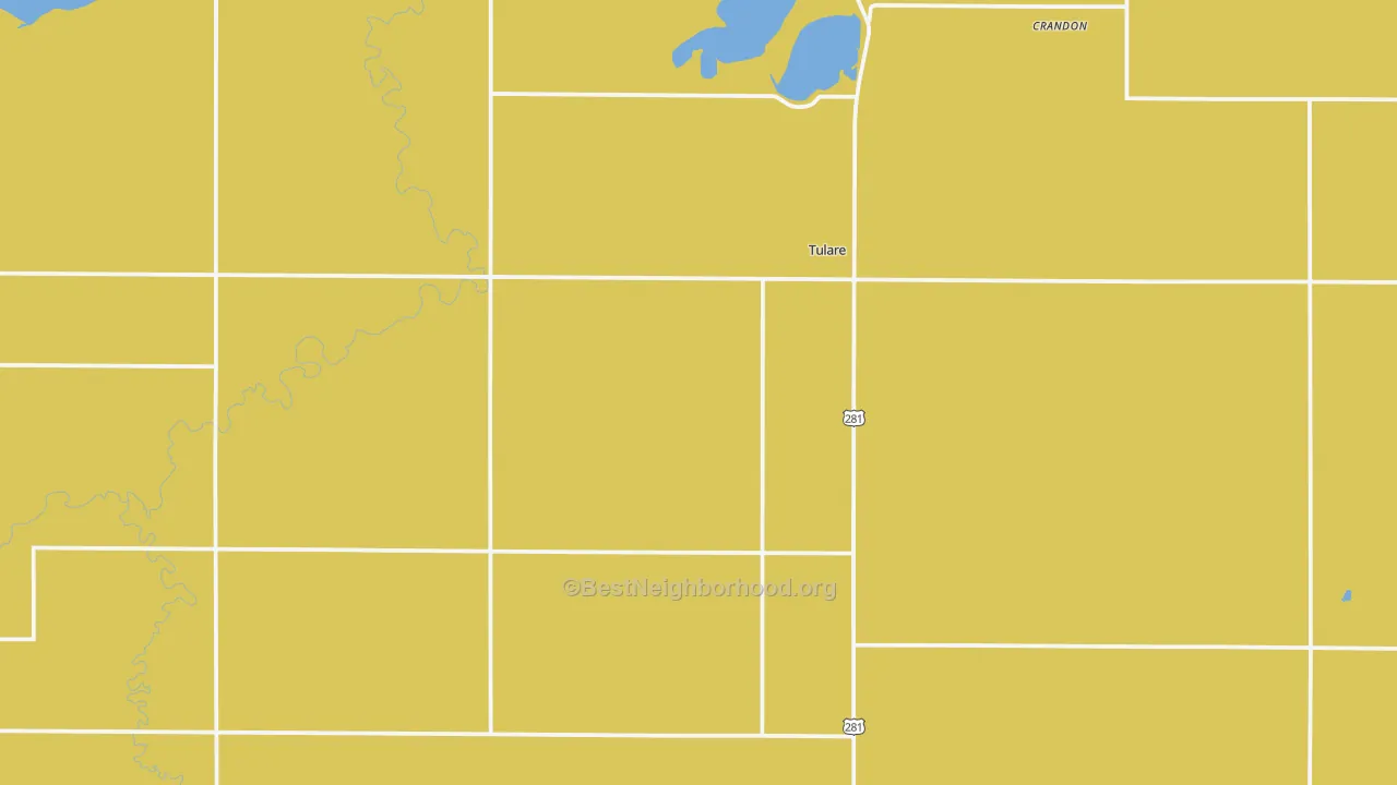 Map of the best neighborhoods in the Tulare area, with better matches in green and worse matches in red