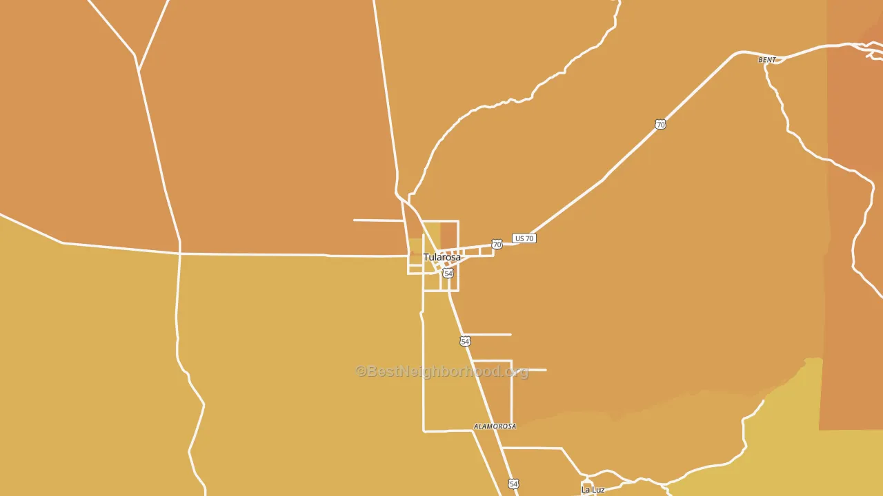 Map of the best neighborhoods in the Tularosa area, with better matches in green and worse matches in red