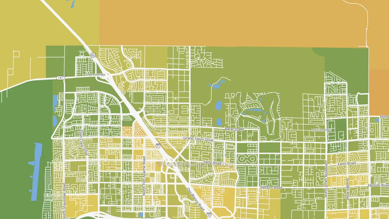 Map of the best neighborhoods in the Tule Springs, Las Vegas area, with better matches in green and worse matches in red