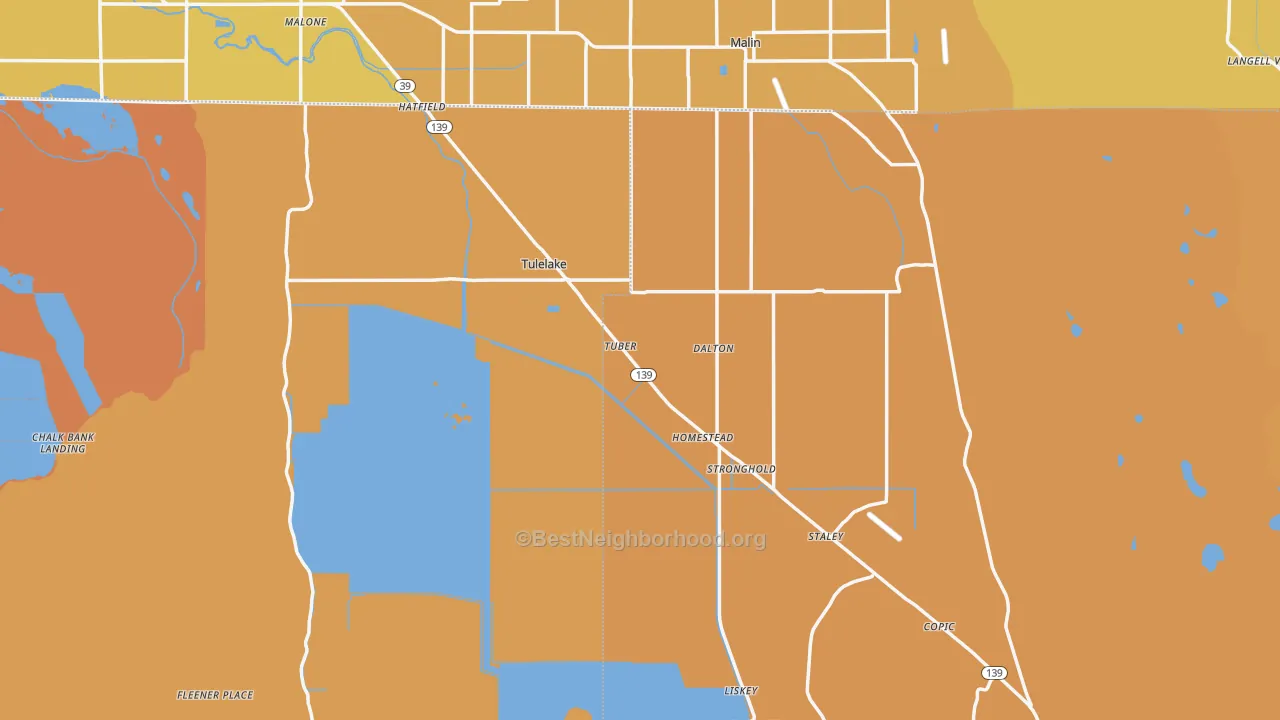 Map of the best neighborhoods in the Tulelake area, with better matches in green and worse matches in red