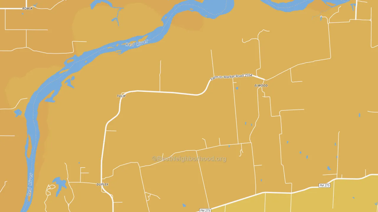 Map of the best neighborhoods in the Tulip area, with better matches in green and worse matches in red