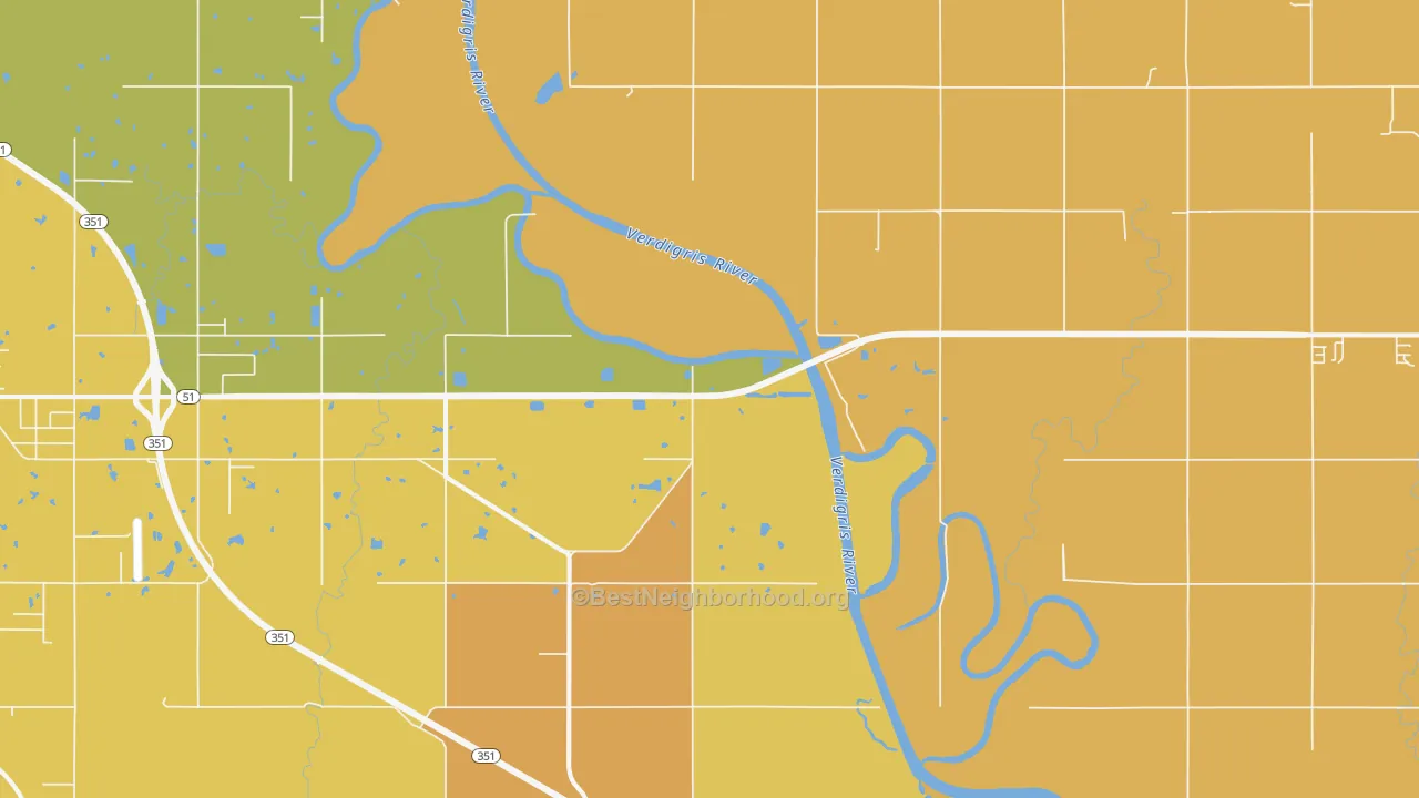 Map of the best neighborhoods in the Tullahassee area, with better matches in green and worse matches in red