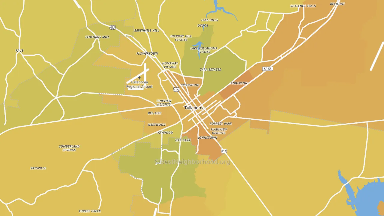 Map of the best neighborhoods in the Tullahoma area, with better matches in green and worse matches in red