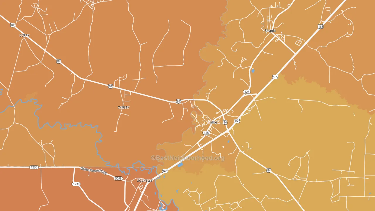 Map of the best neighborhoods in the Tullos area, with better matches in green and worse matches in red