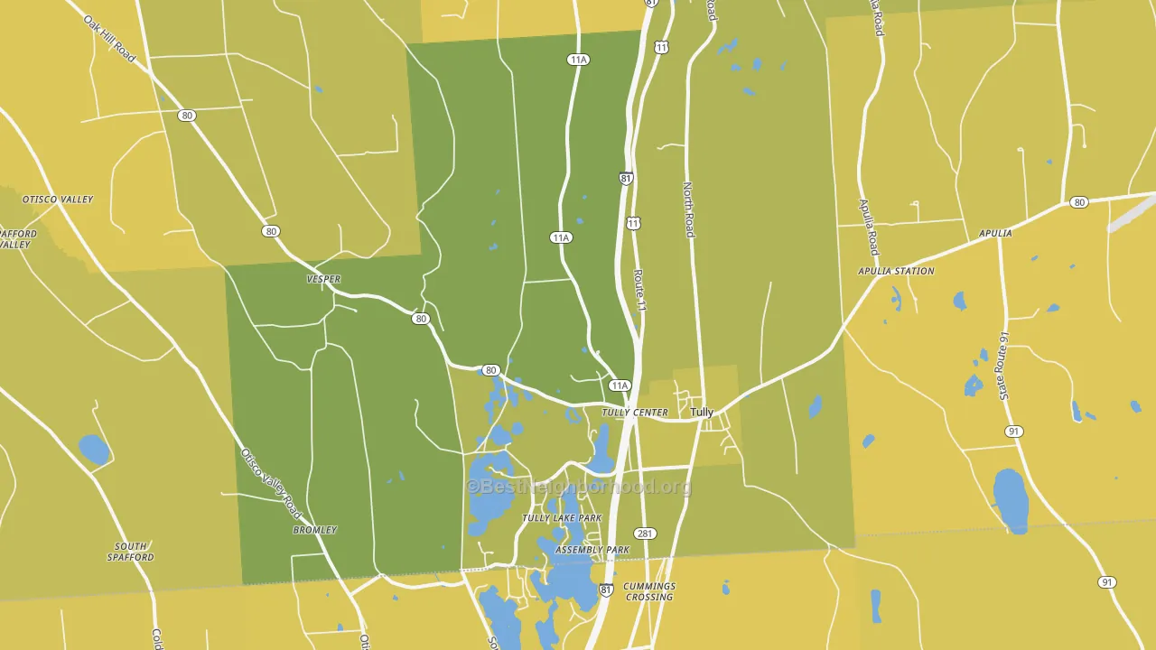 Map of the best neighborhoods in the Tully area, with better matches in green and worse matches in red