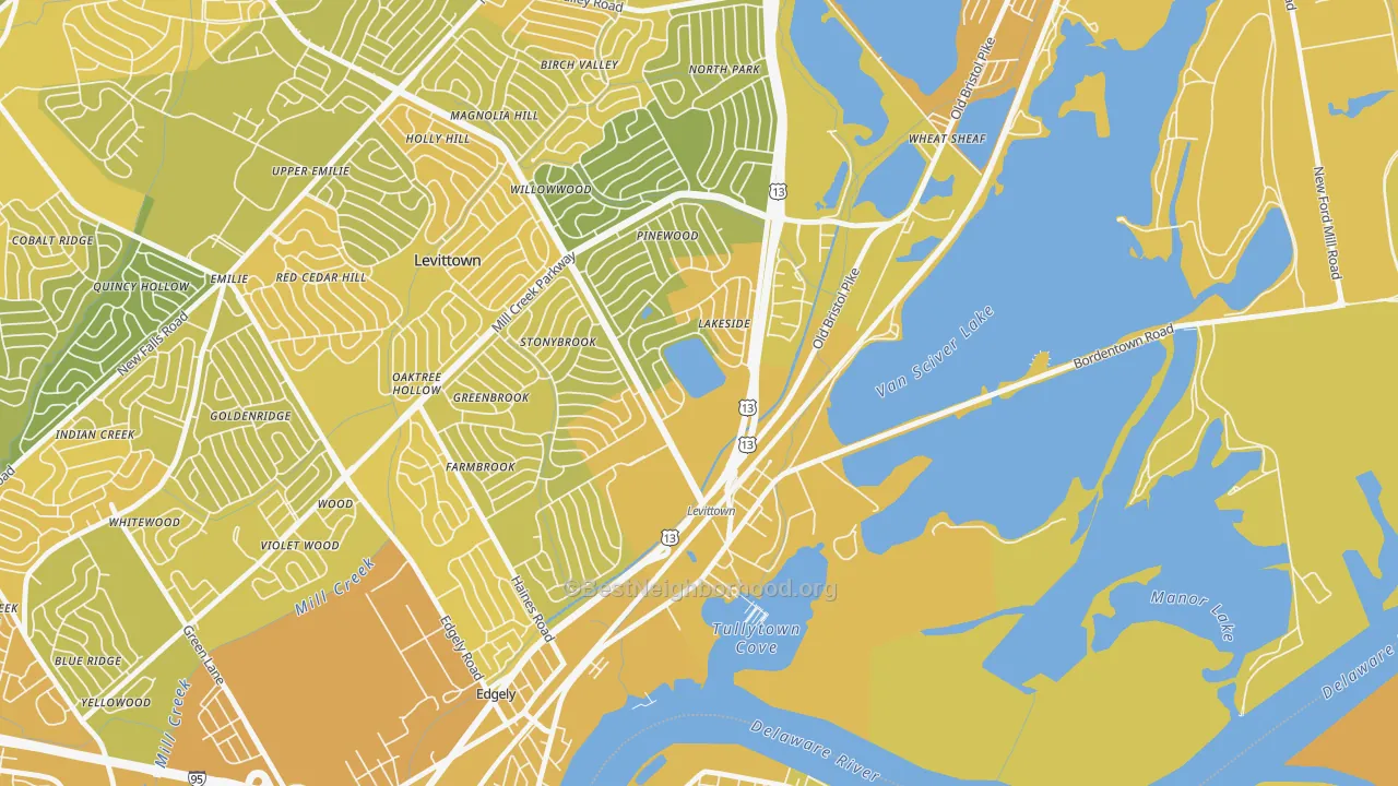 Map of the best neighborhoods in the Tullytown area, with better matches in green and worse matches in red