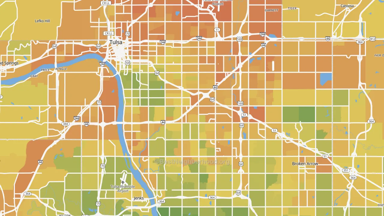 Map of the best neighborhoods in the Tulsa County area, with better matches in green and worse matches in red