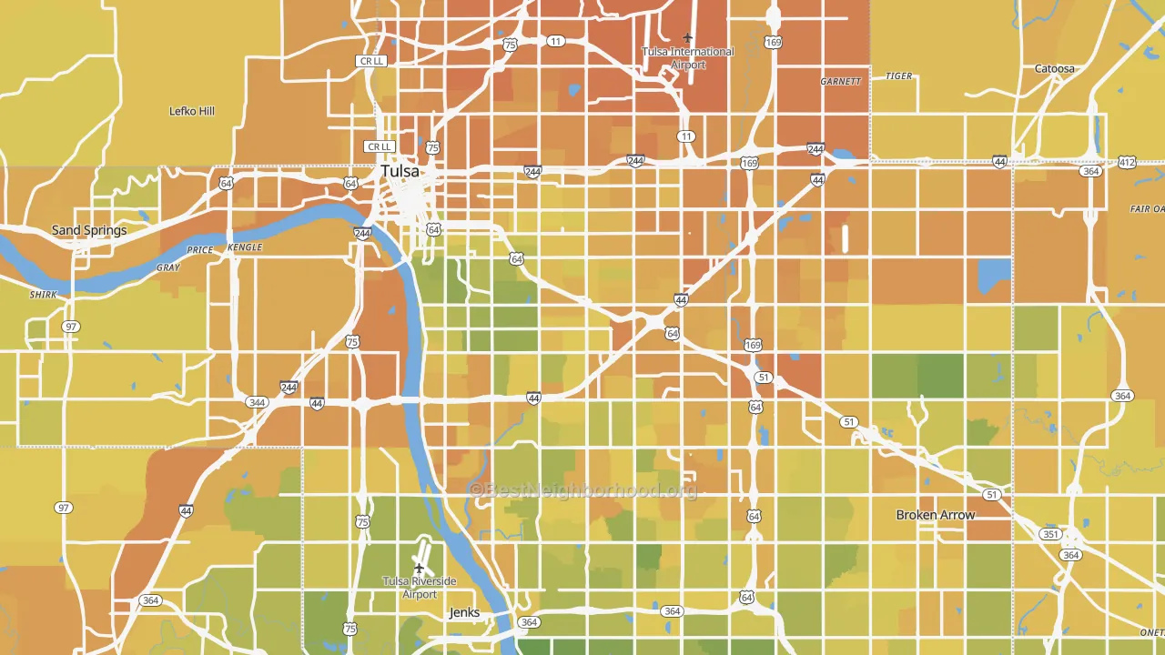 Map of the best neighborhoods in the Tulsa Metro area, with better matches in green and worse matches in red