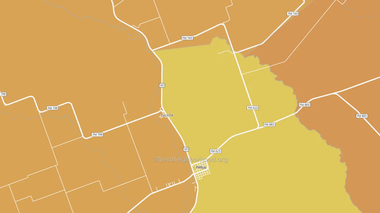 Map of the best neighborhoods in the Tulsita area, with better matches in green and worse matches in red