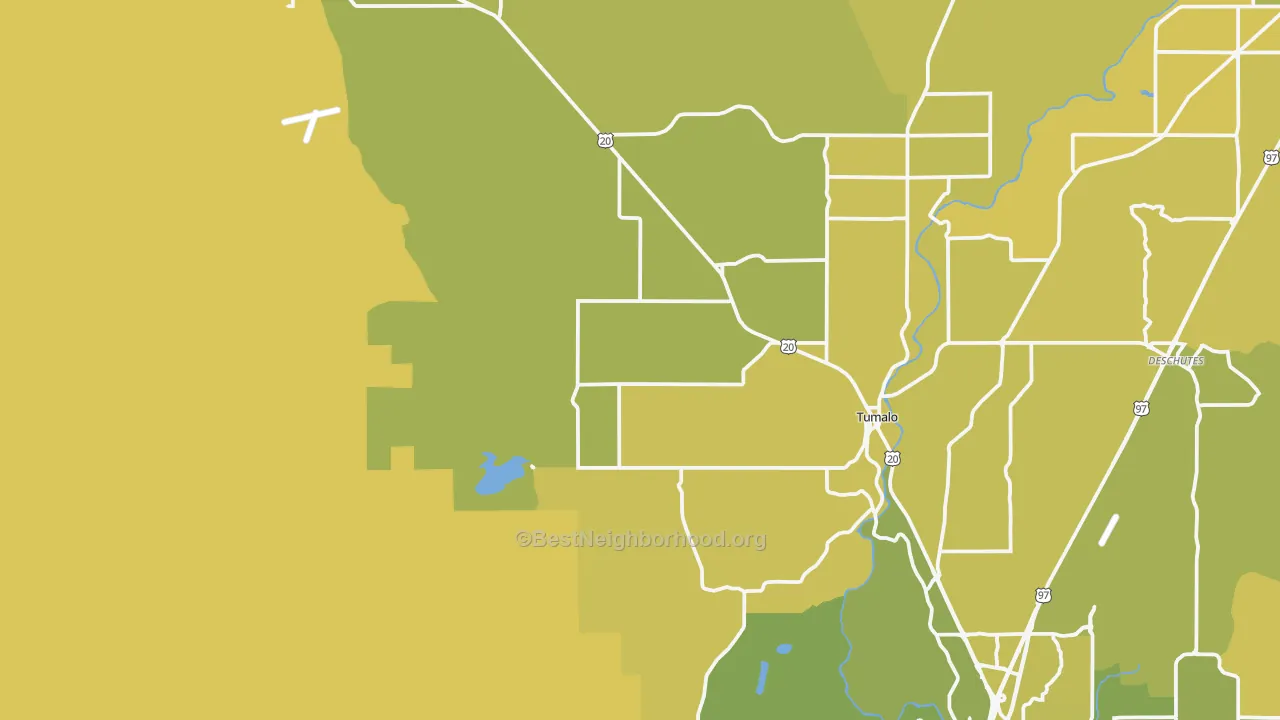 Map of the best neighborhoods in the Tumalo area, with better matches in green and worse matches in red