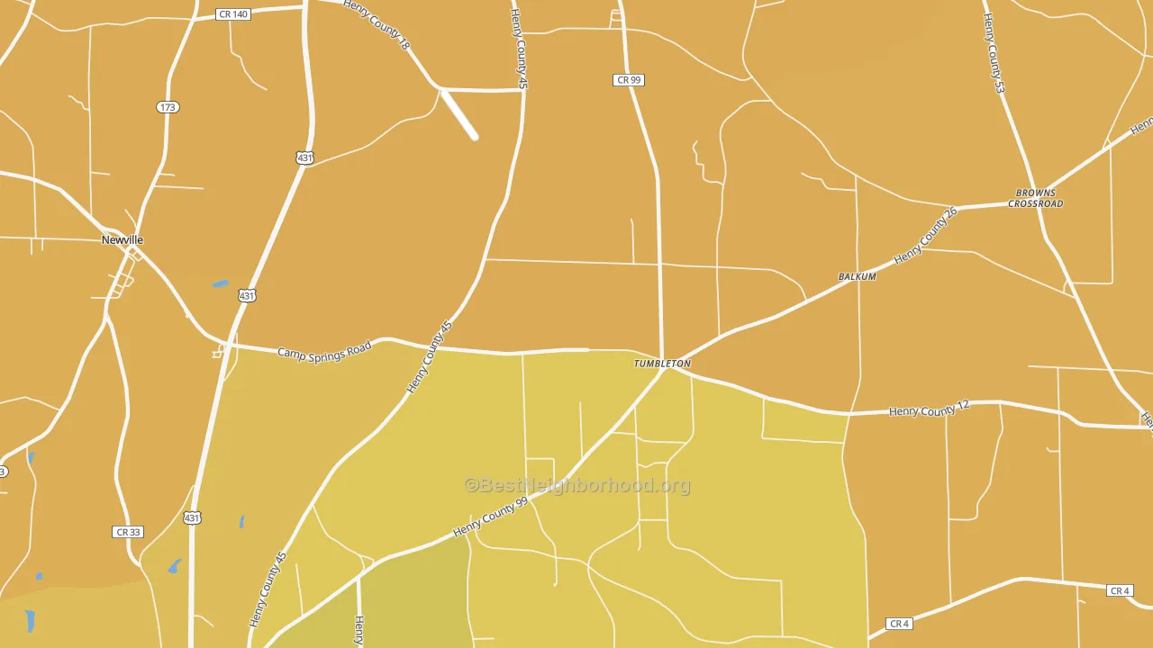 Map of the best neighborhoods in the Tumbleton area, with better matches in green and worse matches in red