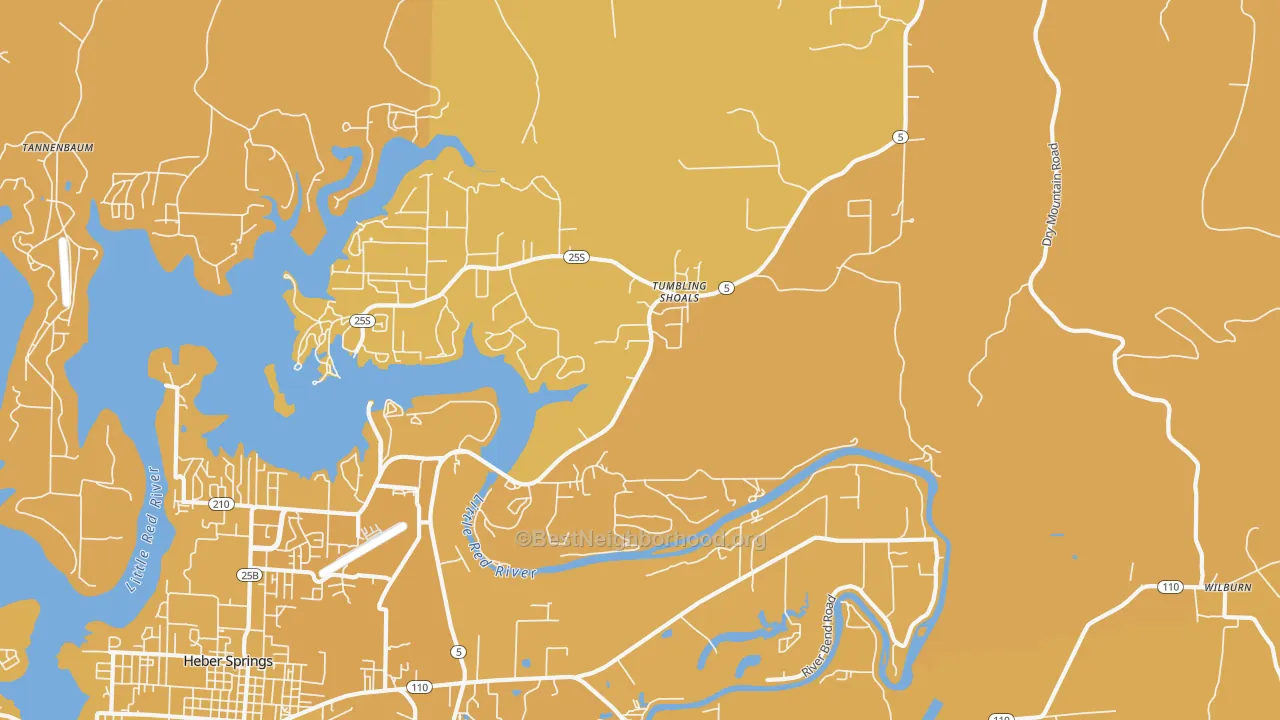 Map of the best neighborhoods in the Tumbling Shoals area, with better matches in green and worse matches in red