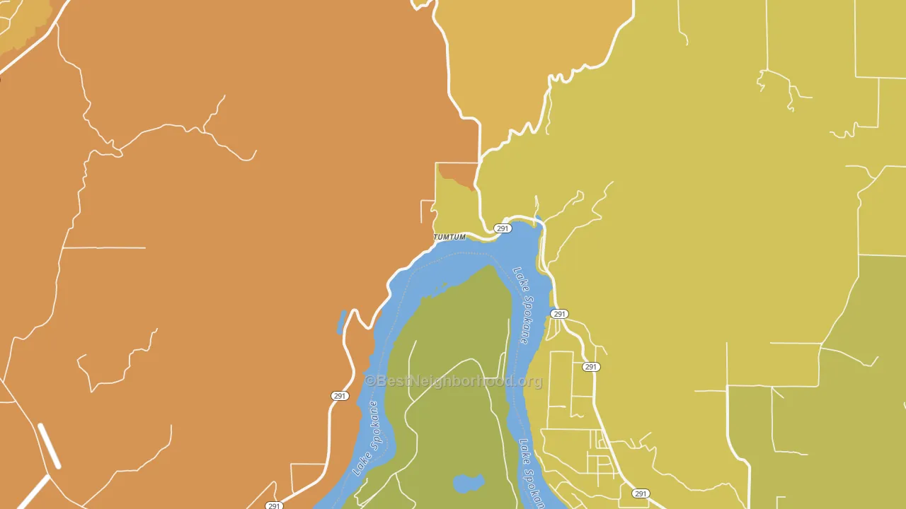 Map of the best neighborhoods in the Tumtum area, with better matches in green and worse matches in red