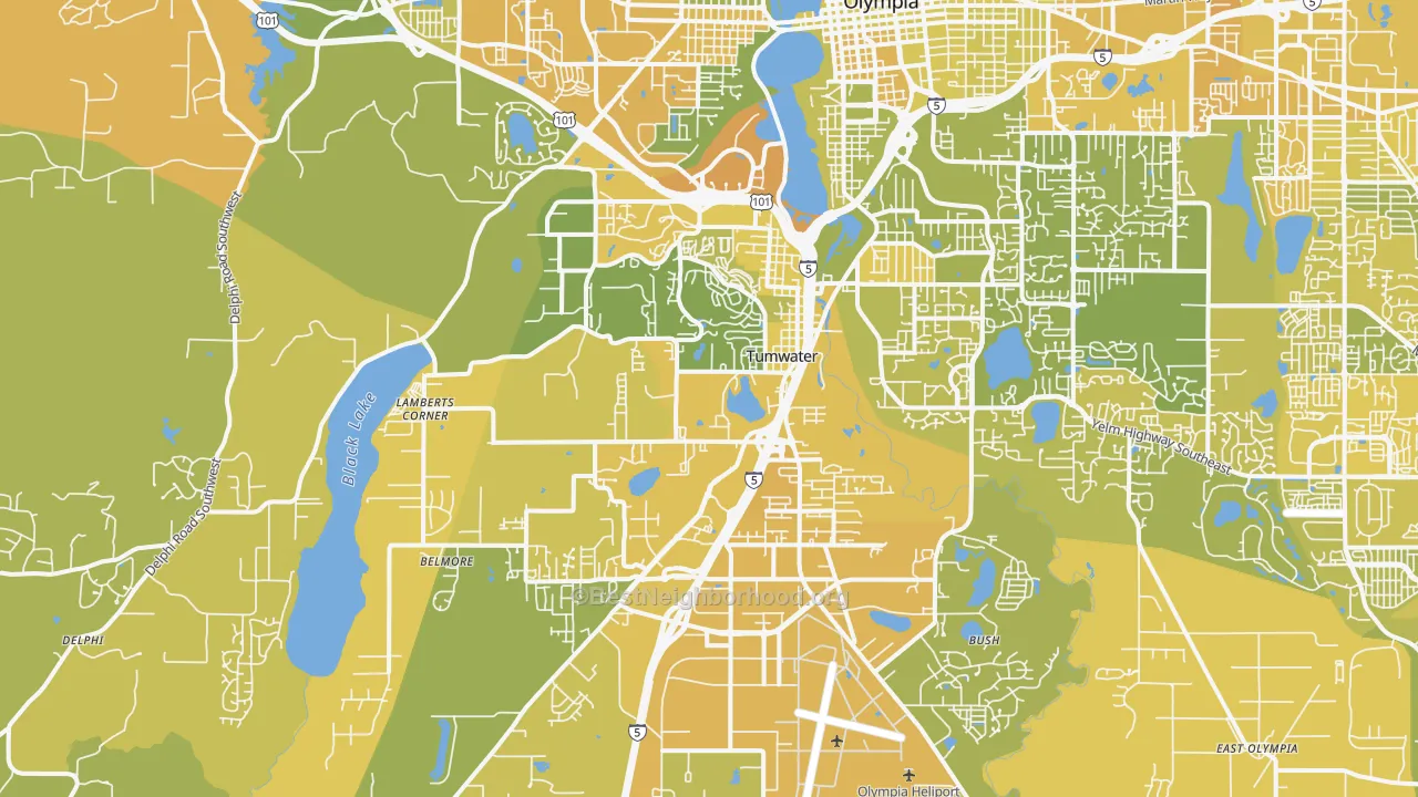 Map of the best neighborhoods in the Tumwater area, with better matches in green and worse matches in red