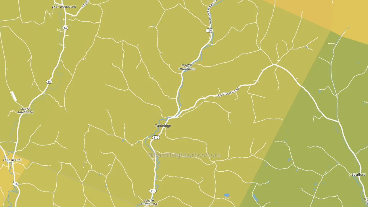 Map of the best neighborhoods in the Tunbridge area, with better matches in green and worse matches in red