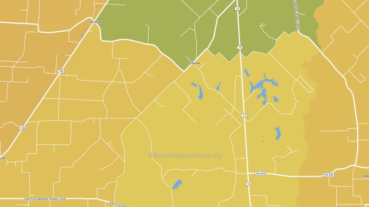 Map of the best neighborhoods in the Tundra area, with better matches in green and worse matches in red