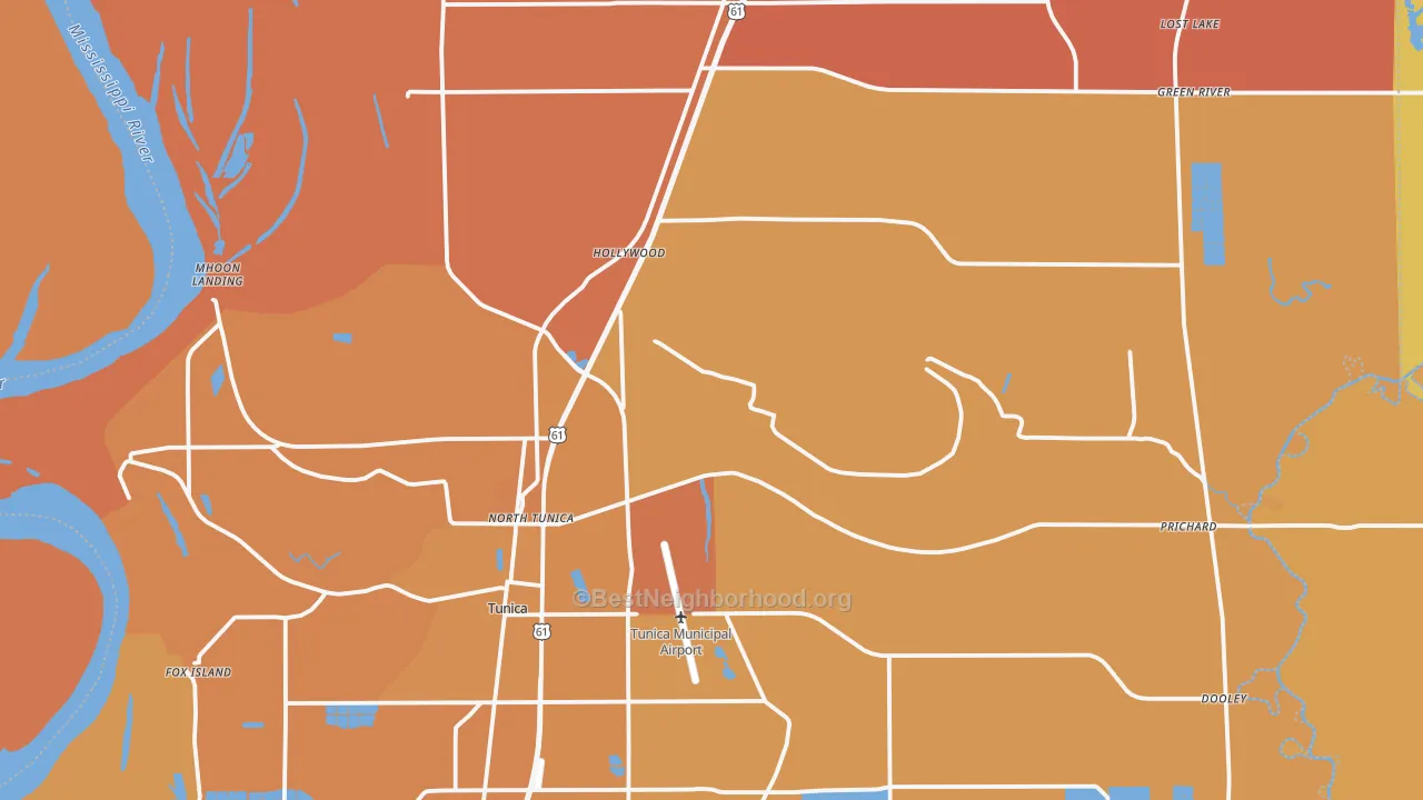 Map of the best neighborhoods in the Tunica County area, with better matches in green and worse matches in red