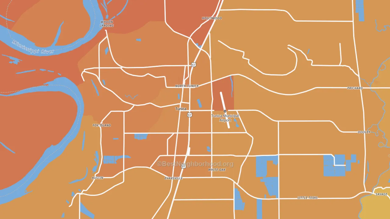 Map of the best neighborhoods in the Tunica area, with better matches in green and worse matches in red
