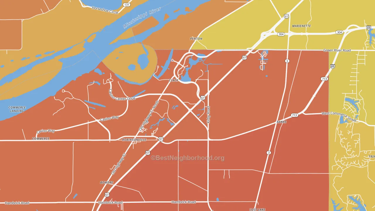 Map of the best neighborhoods in the Tunica Resorts area, with better matches in green and worse matches in red