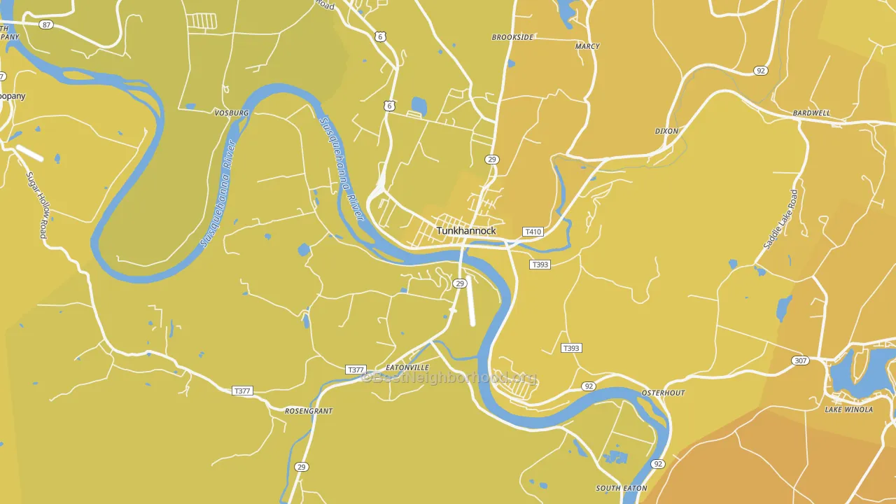 Map of the best neighborhoods in the Tunkhannock area, with better matches in green and worse matches in red