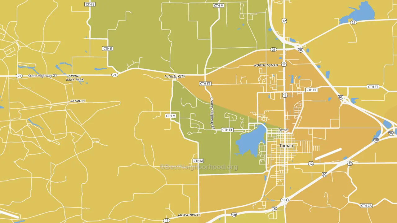 Map of the best neighborhoods in the Tunnel City area, with better matches in green and worse matches in red
