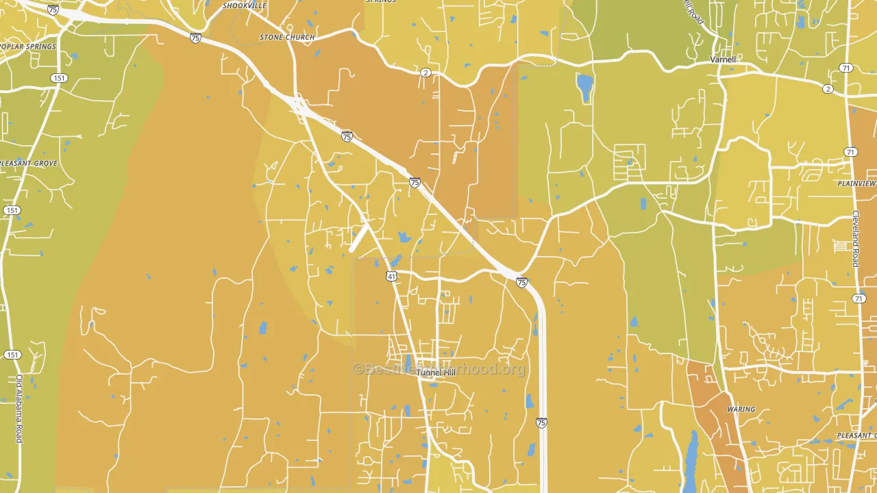 Map of the best neighborhoods in the Tunnel Hill area, with better matches in green and worse matches in red