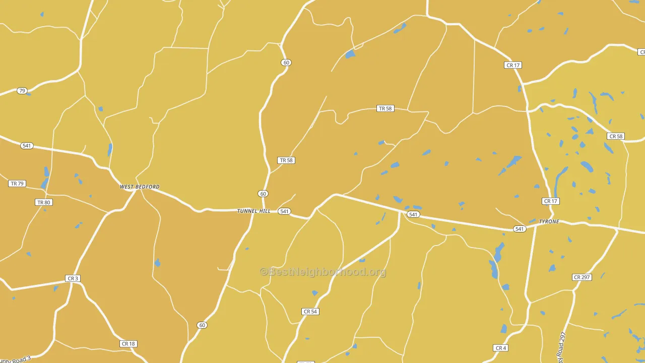 Map of the best neighborhoods in the Tunnel Hill area, with better matches in green and worse matches in red