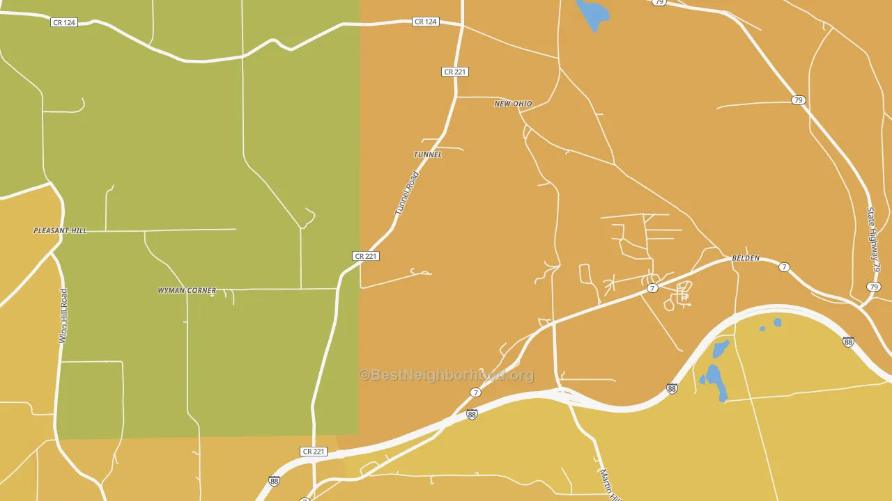 Map of the best neighborhoods in the Tunnel area, with better matches in green and worse matches in red