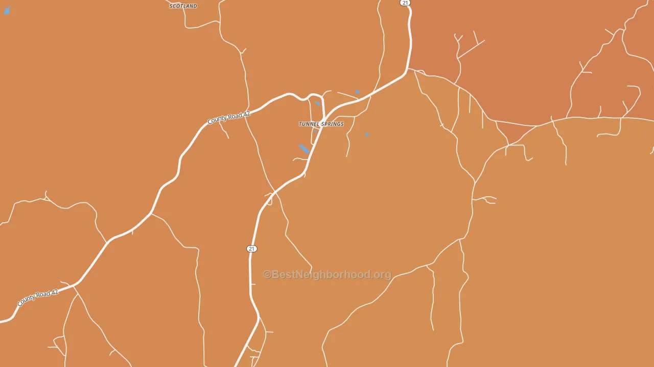 Map of the best neighborhoods in the Tunnel Springs area, with better matches in green and worse matches in red