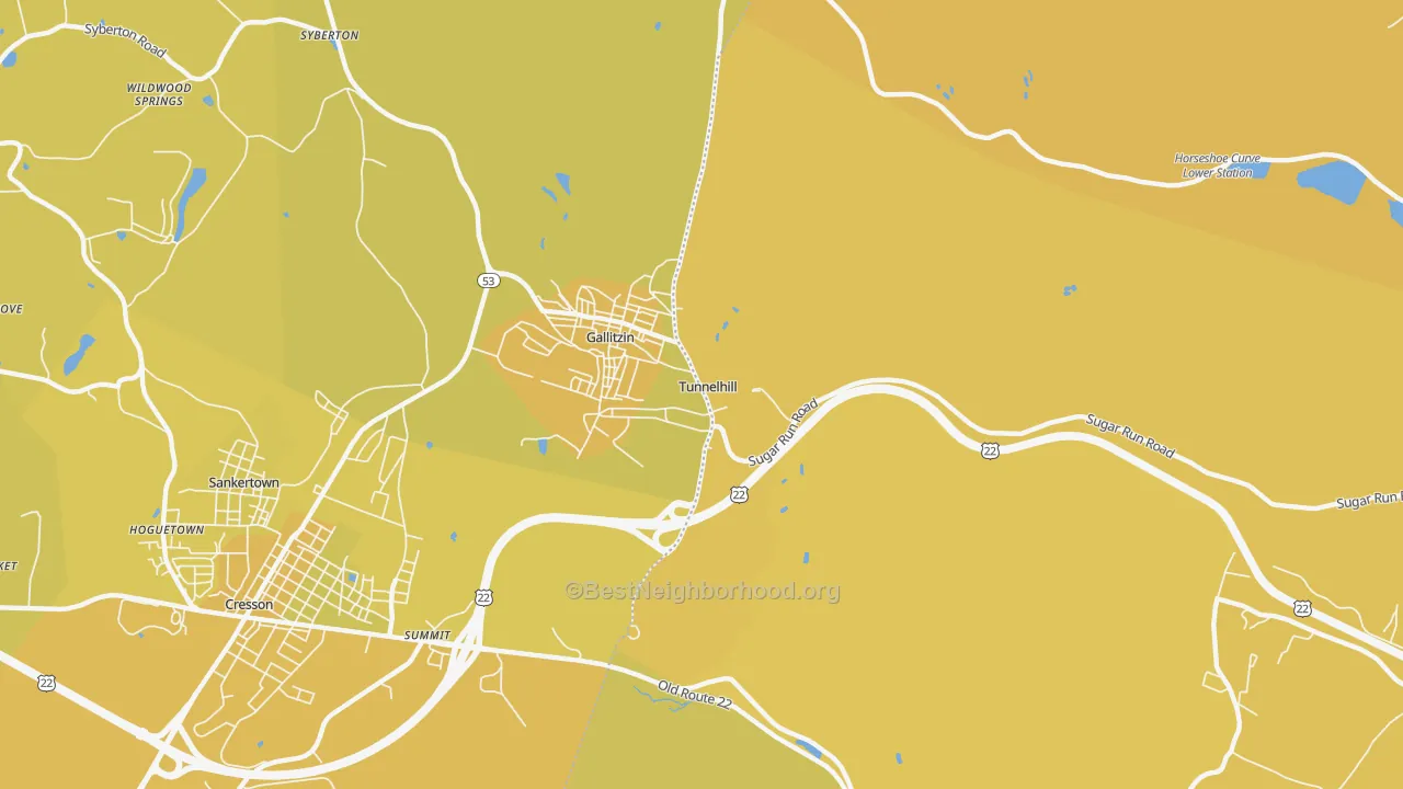 Map of the best neighborhoods in the Tunnelhill area, with better matches in green and worse matches in red