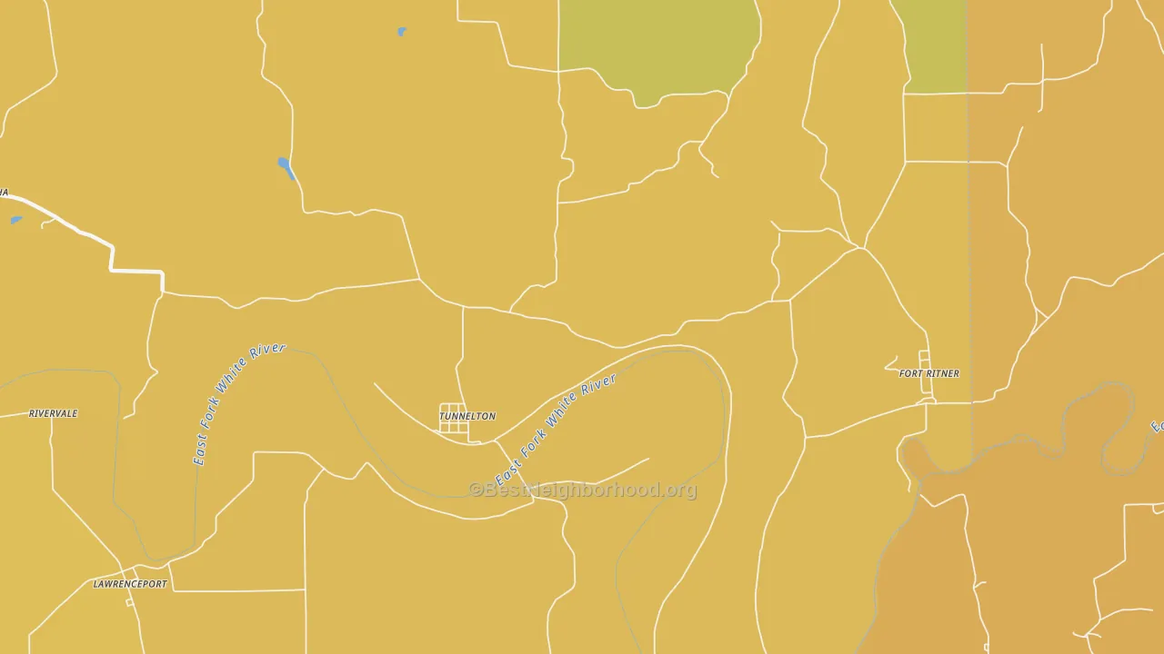 Map of the best neighborhoods in the Tunnelton area, with better matches in green and worse matches in red